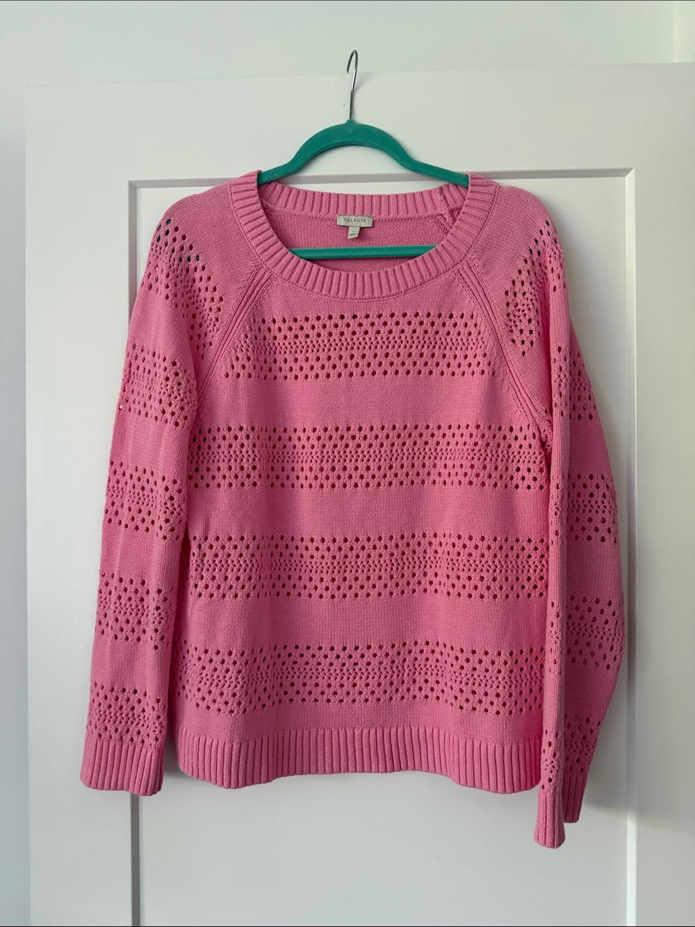 Talbots Bubblegum Pink Eyelet Stripe Crewneck Sweater